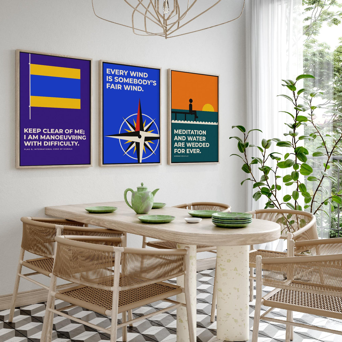 Sailing Quotes Set of Three Art Prints - 3 Retro Bauhaus Sailor Posters - Minimalist Nautical Wall Art Illustration V2
