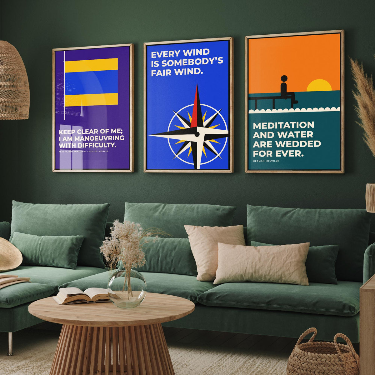 Sailing Quotes Set of Three Art Prints - 3 Retro Bauhaus Sailor Posters - Minimalist Nautical Wall Art Illustration V2