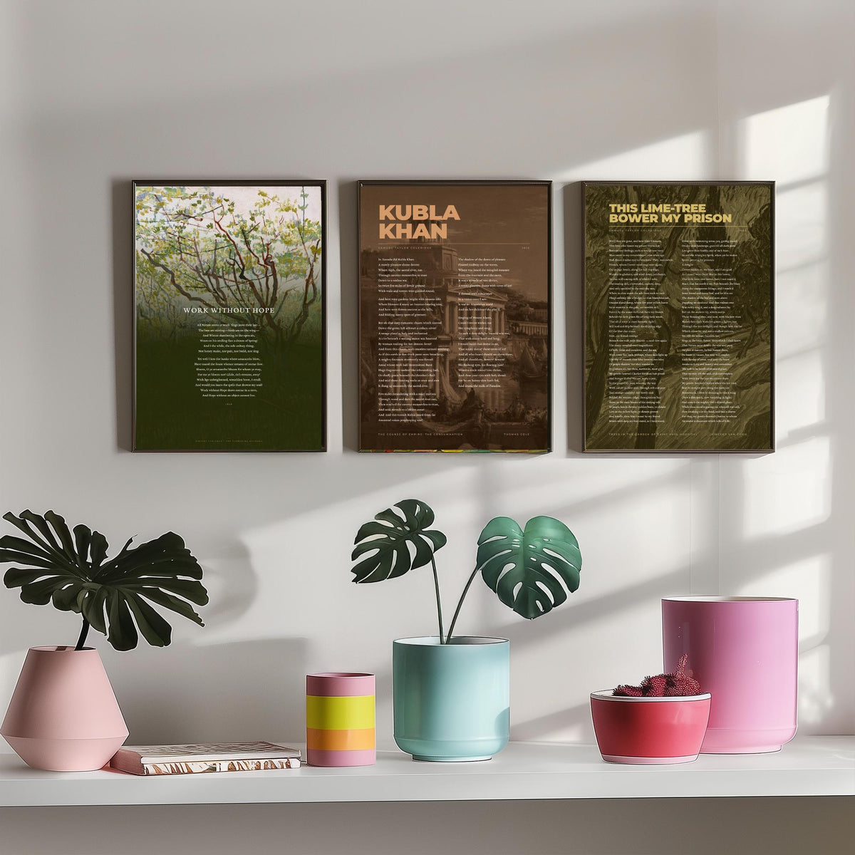 Samuel Taylor Coleridge Set of Three Art Prints - Kubla Khan, Work Without Hope, This Lime-Tree Bower - Full Poems over Paintings Poster