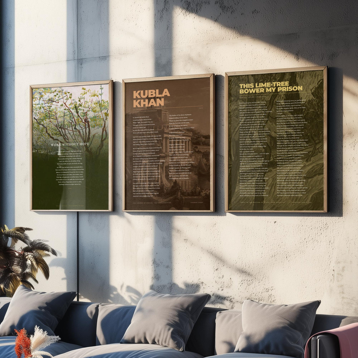 Samuel Taylor Coleridge Set of Three Art Prints - Kubla Khan, Work Without Hope, This Lime-Tree Bower - Full Poems over Paintings Poster