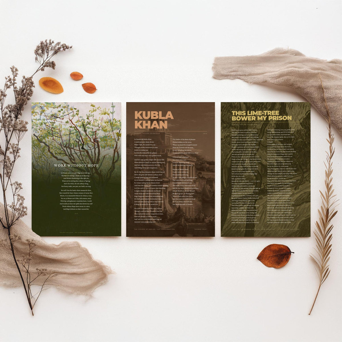 Samuel Taylor Coleridge Set of Three Art Prints - Kubla Khan, Work Without Hope, This Lime-Tree Bower - Full Poems over Paintings Poster