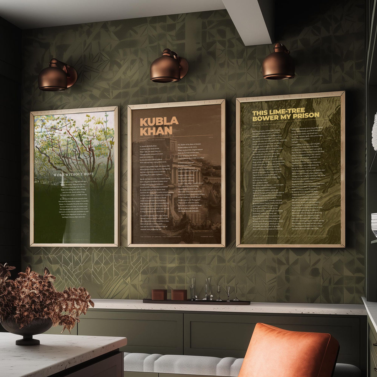 Samuel Taylor Coleridge Set of Three Art Prints - Kubla Khan, Work Without Hope, This Lime-Tree Bower - Full Poems over Paintings Poster