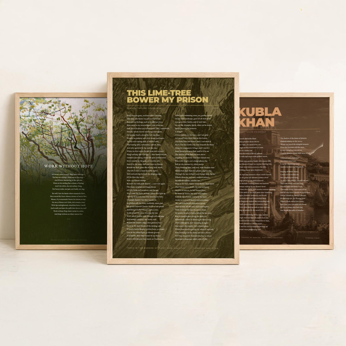 Samuel Taylor Coleridge Set of Three Art Prints - Kubla Khan, Work Without Hope, This Lime-Tree Bower - Full Poems over Paintings Poster