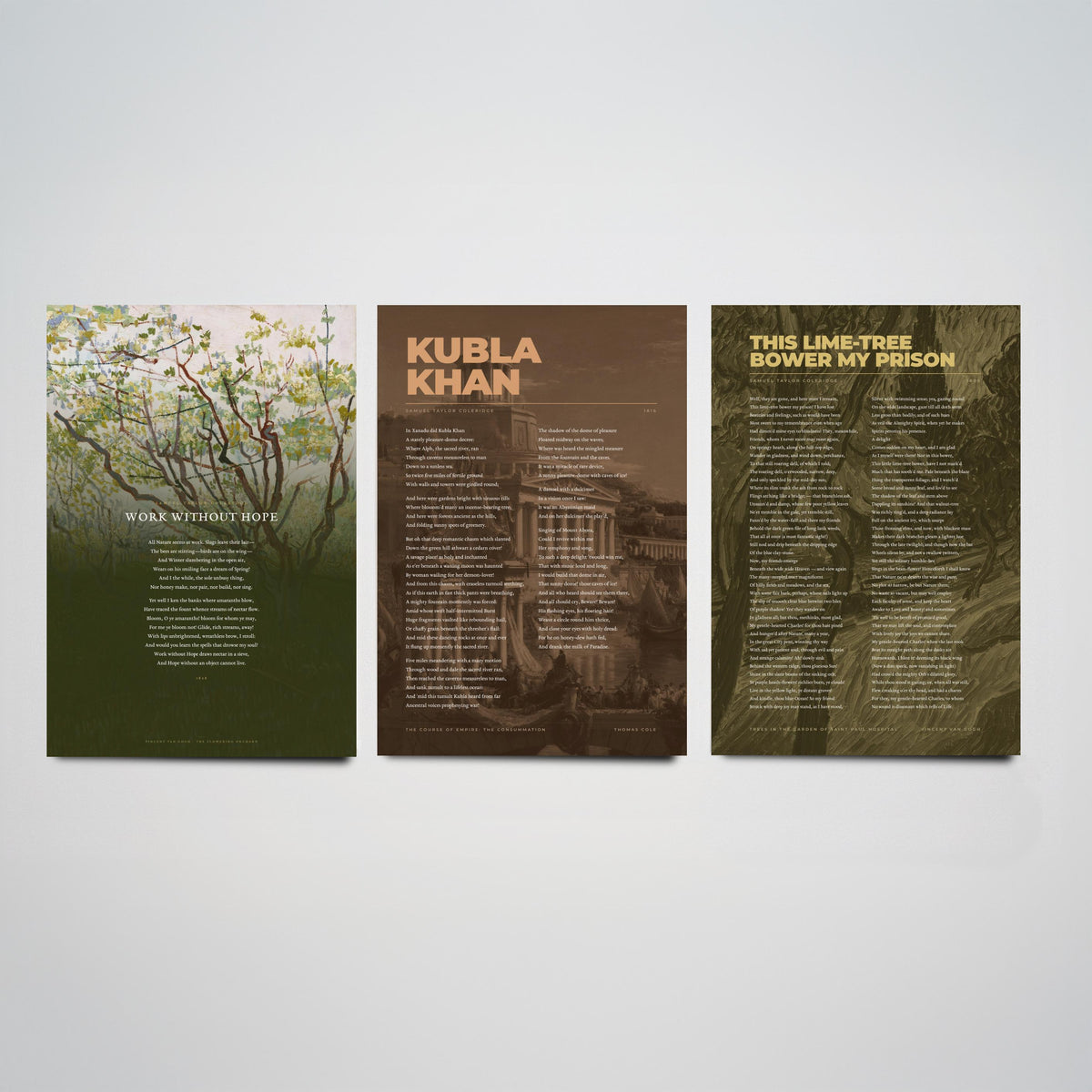 Samuel Taylor Coleridge Set of Three Art Prints - Kubla Khan, Work Without Hope, This Lime-Tree Bower - Full Poems over Paintings Poster