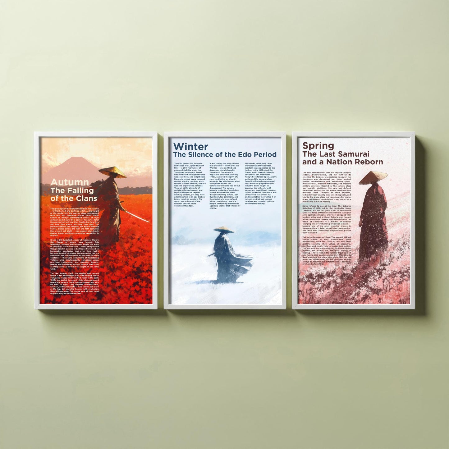 Samurai Seasons Set of Three Art Prints - 3 Autumn Winter Spring Japan Posters - Illustration History Warrior Wall Decor Gift