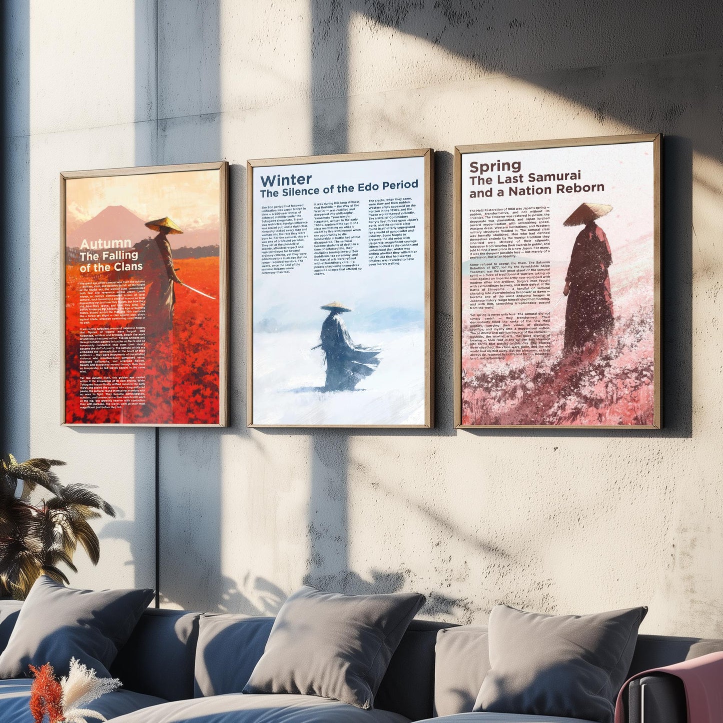 Samurai Seasons Set of Three Art Prints - 3 Autumn Winter Spring Japan Posters - Illustration History Warrior Wall Decor Gift