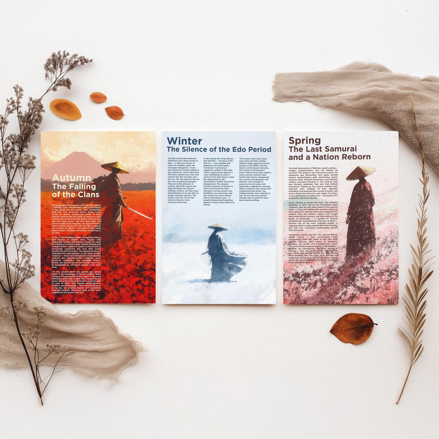 Samurai Seasons Set of Three Art Prints - 3 Autumn Winter Spring Japan Posters - Illustration History Warrior Wall Decor Gift