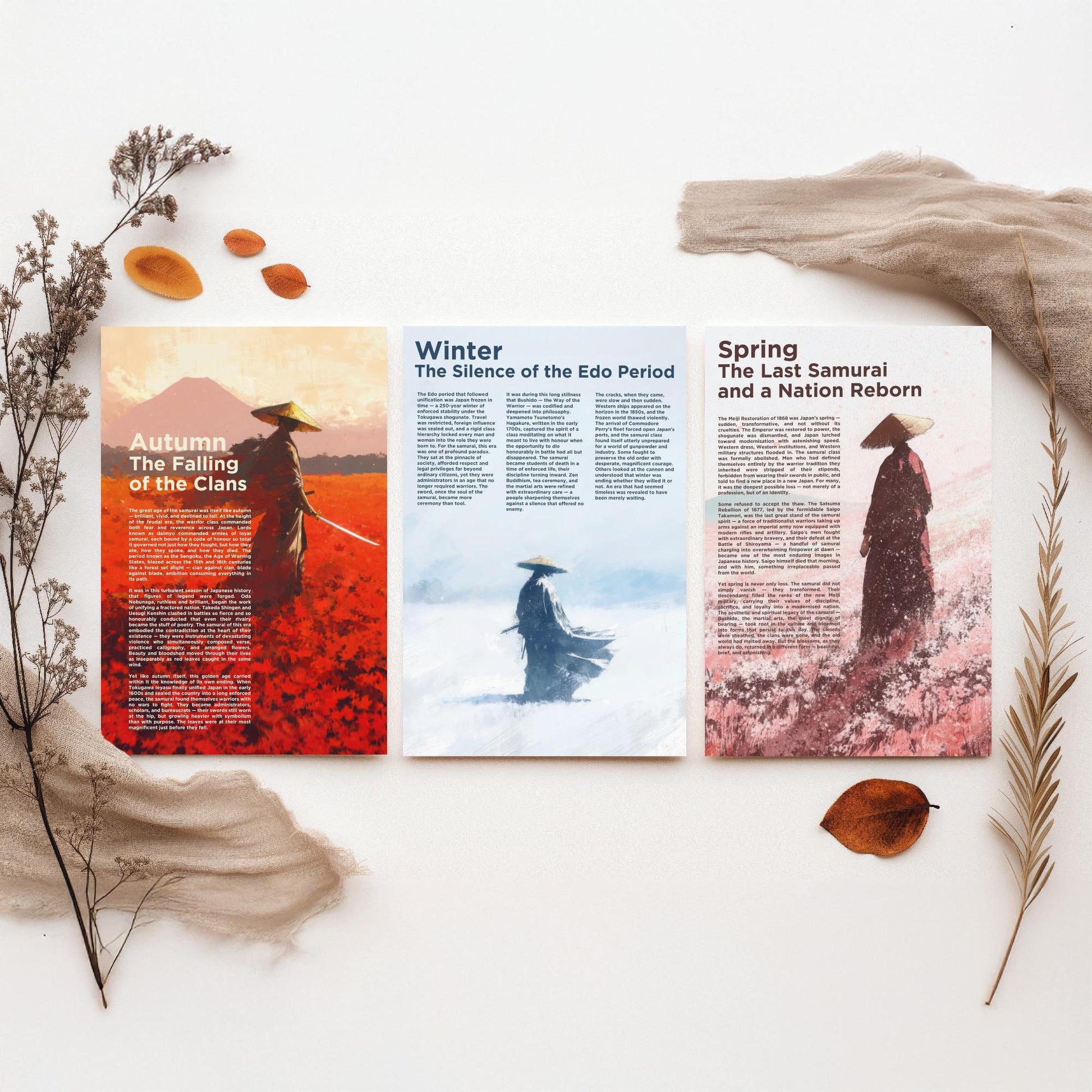 Samurai Seasons Set of Three Art Prints - 3 Autumn Winter Spring Japan Posters - Illustration History Warrior Wall Decor Gift