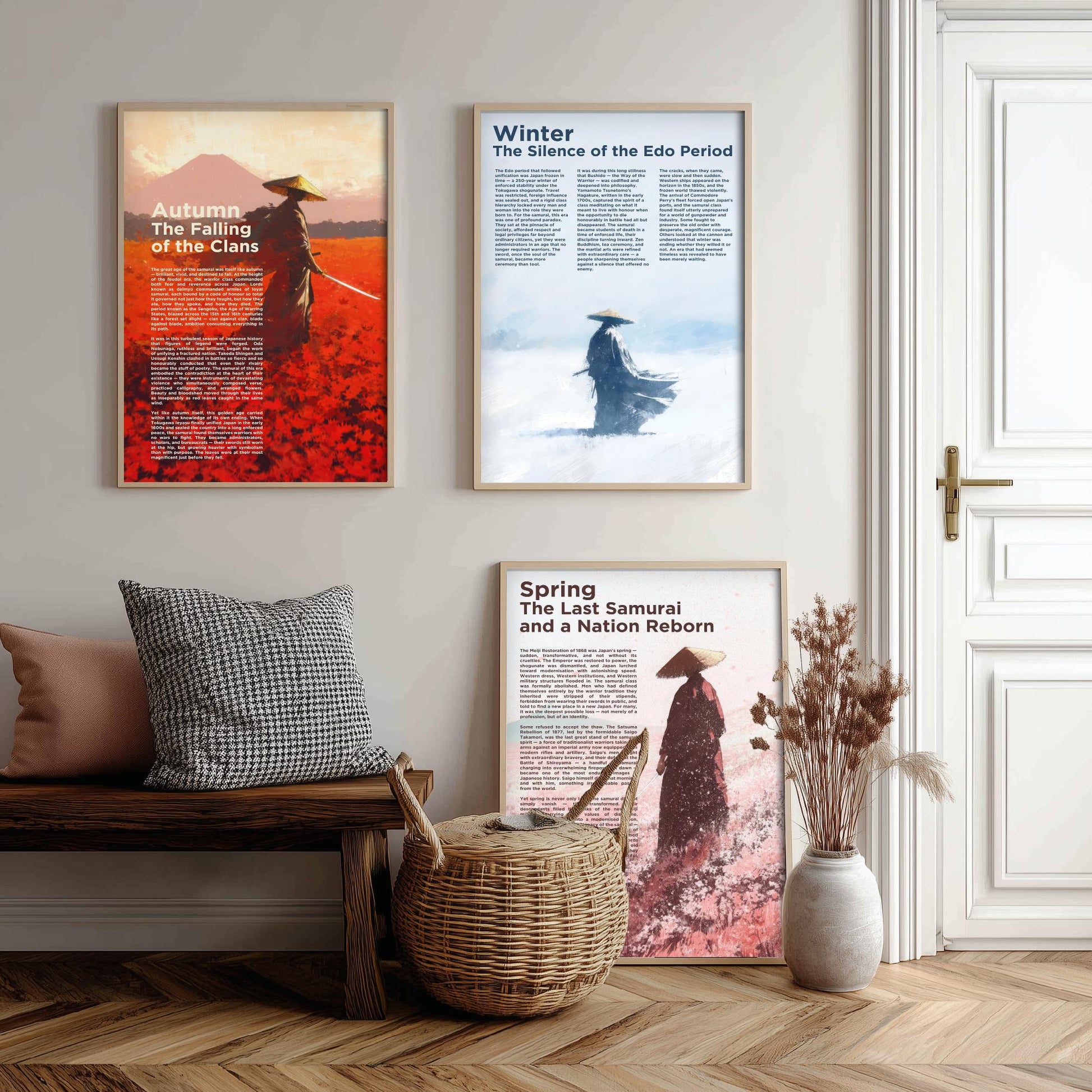 Samurai Seasons Set of Three Art Prints - 3 Autumn Winter Spring Japan Posters - Illustration History Warrior Wall Decor Gift