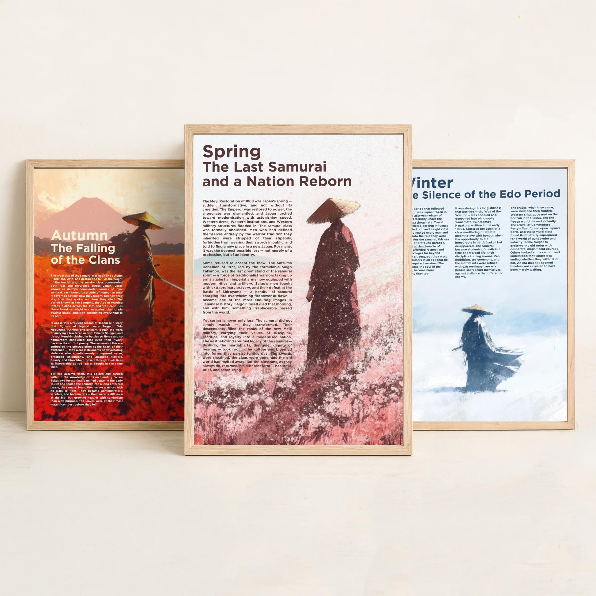 Samurai Seasons Set of Three Art Prints - 3 Autumn Winter Spring Japan Posters - Illustration History Warrior Wall Decor Gift