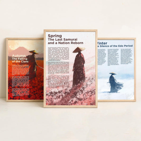 Samurai Seasons Set of Three Art Prints - 3 Autumn Winter Spring Japan Posters - Illustration History Warrior Wall Decor Gift