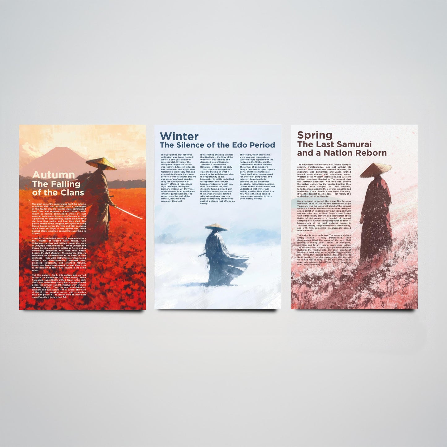Samurai Seasons Set of Three Art Prints - 3 Autumn Winter Spring Japan Posters - Illustration History Warrior Wall Decor Gift