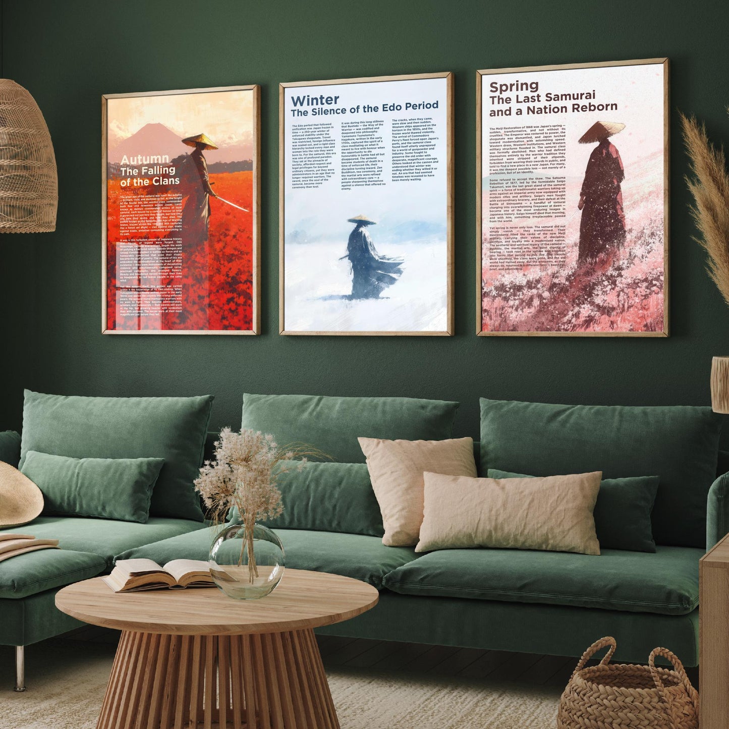 Samurai Seasons Set of Three Art Prints - 3 Autumn Winter Spring Japan Posters - Illustration History Warrior Wall Decor Gift