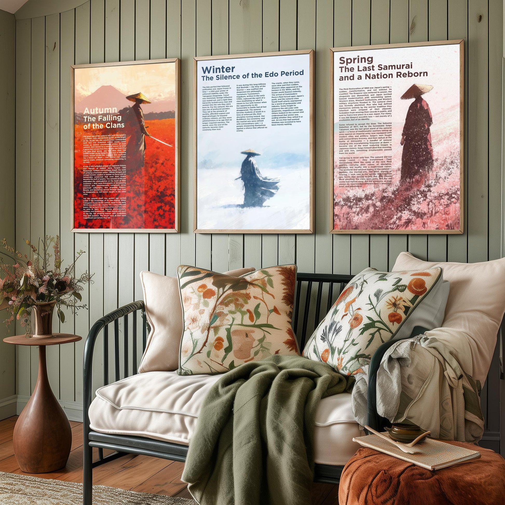 Samurai Seasons Set of Three Art Prints - 3 Autumn Winter Spring Japan Posters - Illustration History Warrior Wall Decor Gift