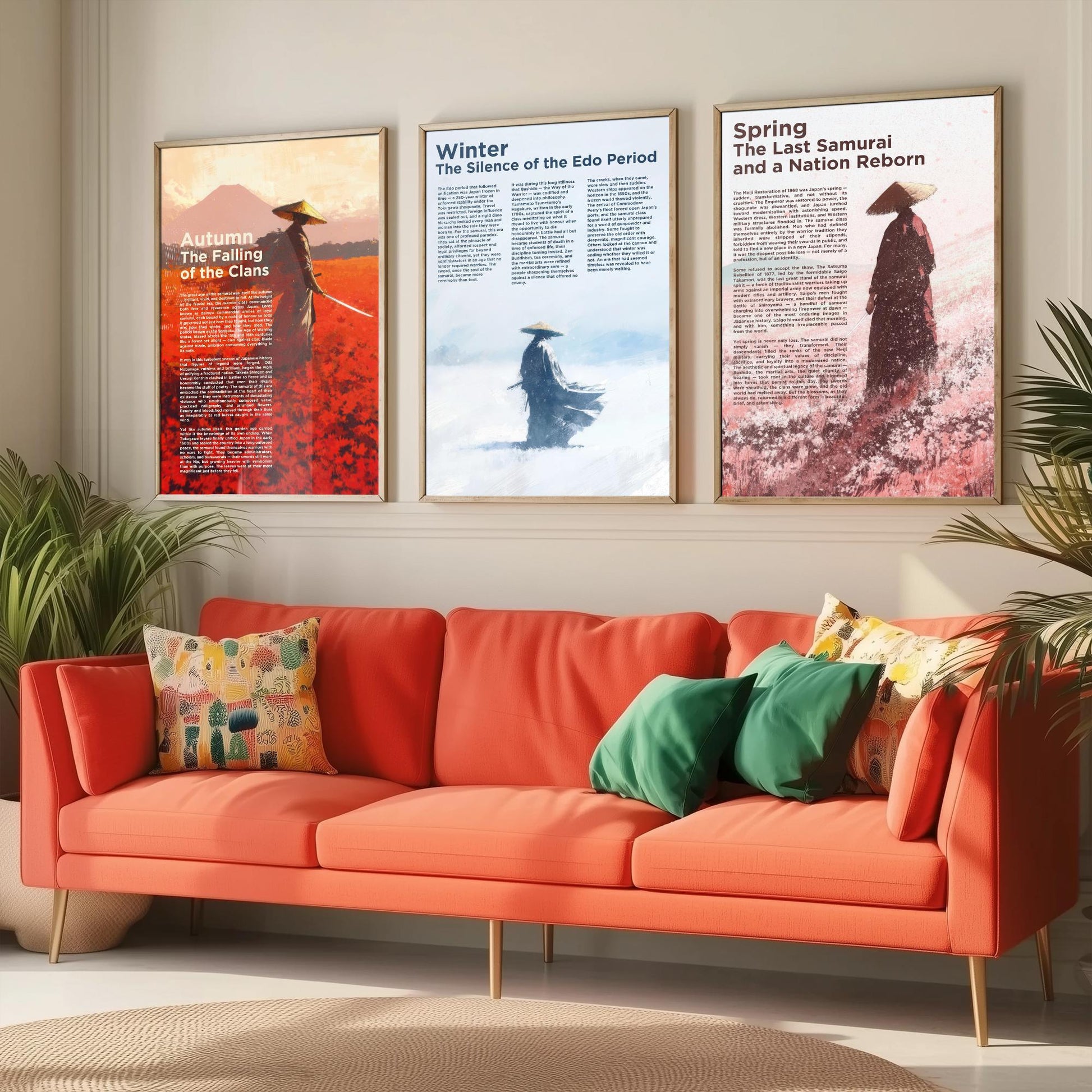 Samurai Seasons Set of Three Art Prints - 3 Autumn Winter Spring Japan Posters - Illustration History Warrior Wall Decor Gift