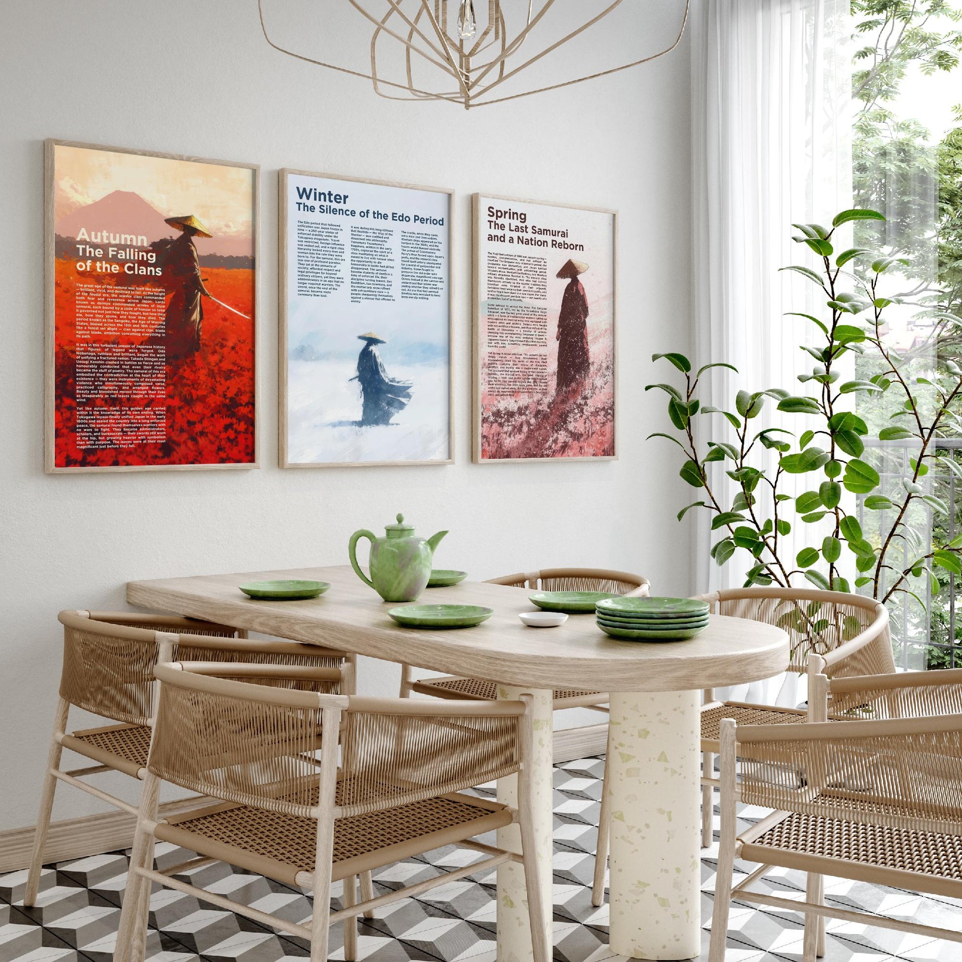 Samurai Seasons Set of Three Art Prints - 3 Autumn Winter Spring Japan Posters - Illustration History Warrior Wall Decor Gift