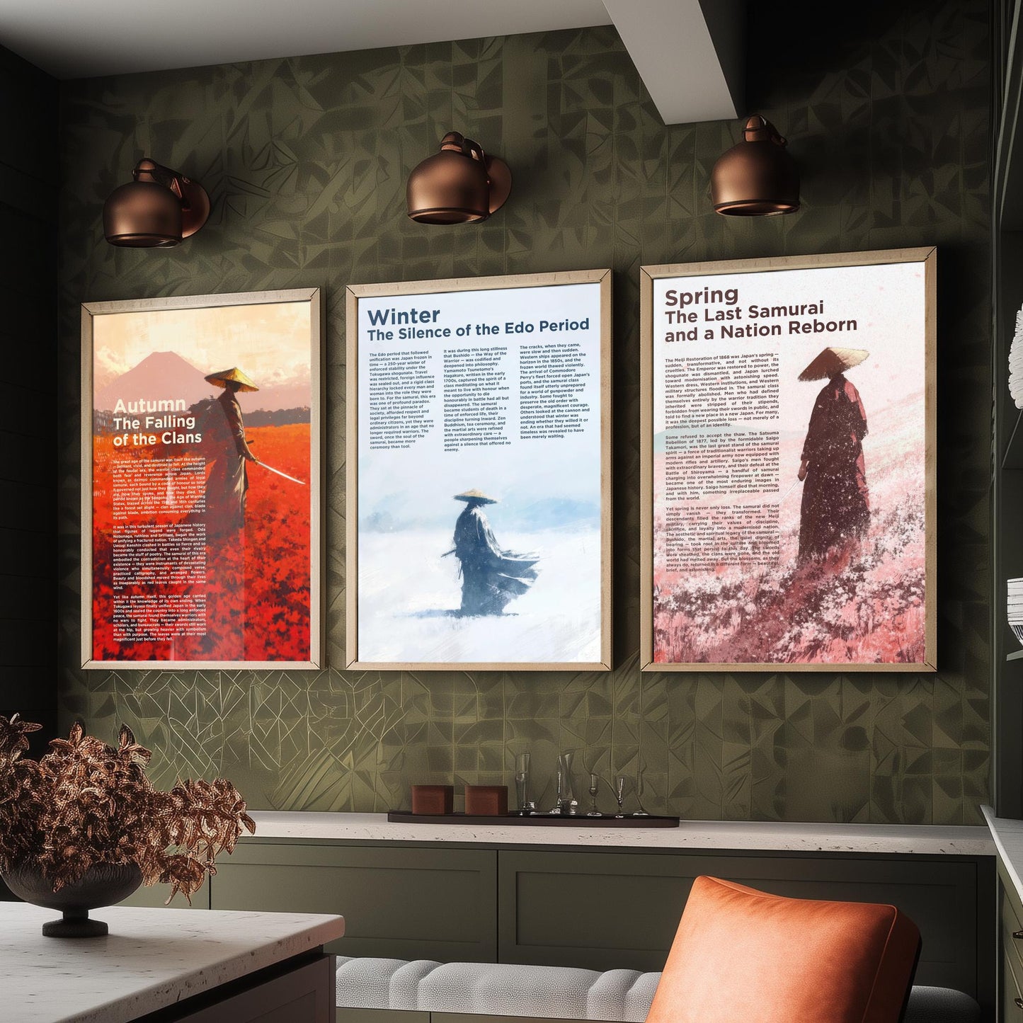 Samurai Seasons Set of Three Art Prints - 3 Autumn Winter Spring Japan Posters - Illustration History Warrior Wall Decor Gift