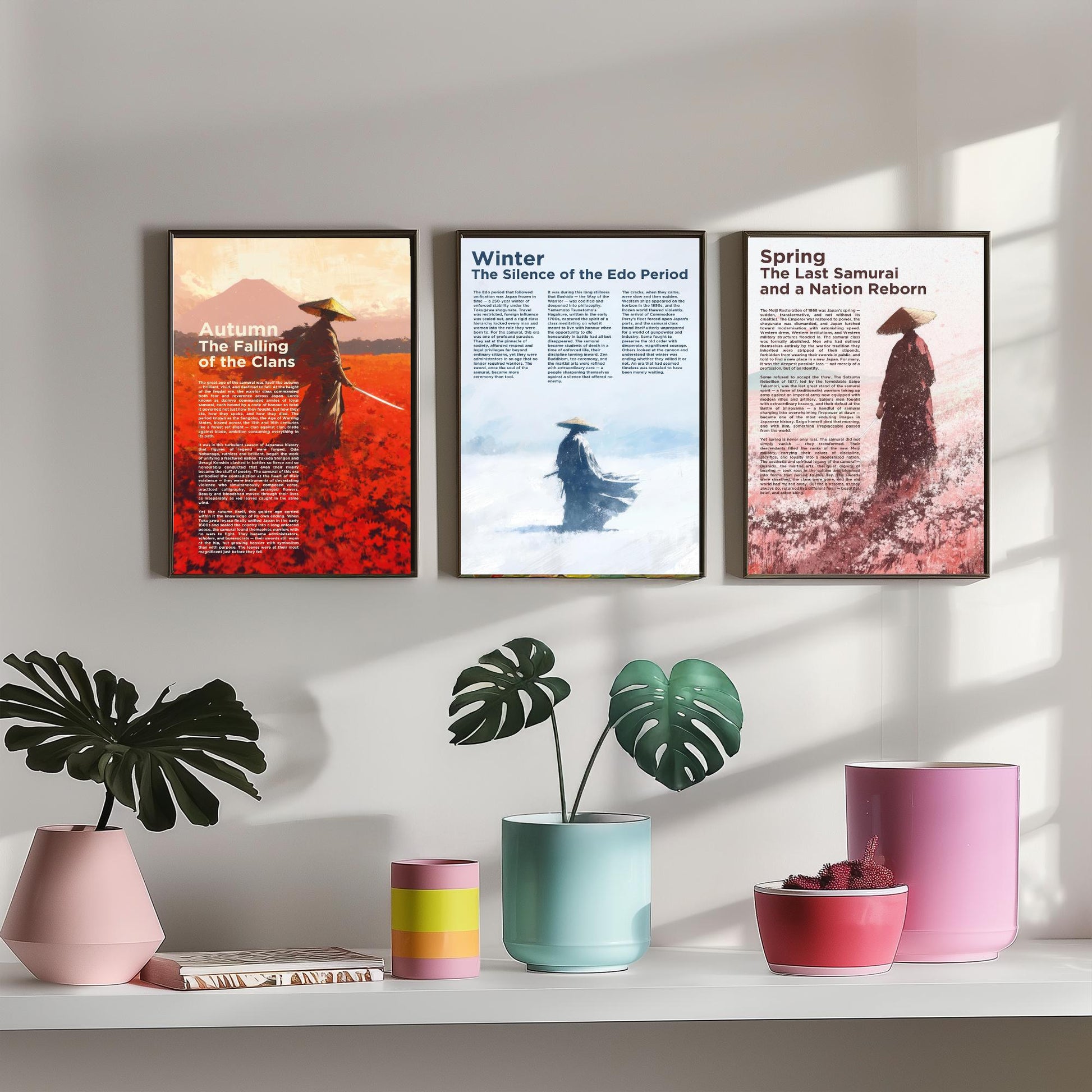 Samurai Seasons Set of Three Art Prints - 3 Autumn Winter Spring Japan Posters - Illustration History Warrior Wall Decor Gift