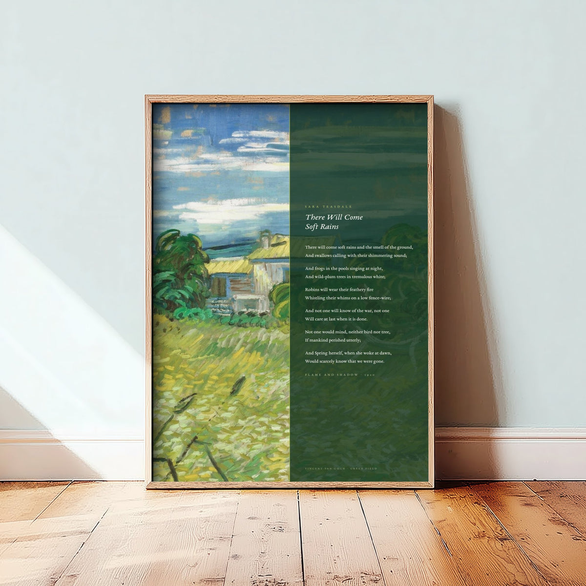 There Will Come Soft Rains by Sara Teasdale Art Print - Full Poem over Van Gogh Green Field Painting - Poetry Poster - Flame and Shadow