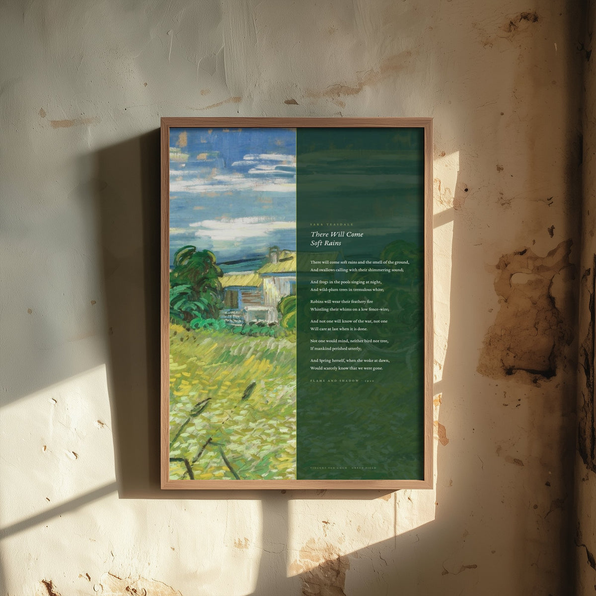 There Will Come Soft Rains by Sara Teasdale Art Print - Full Poem over Van Gogh Green Field Painting - Poetry Poster - Flame and Shadow