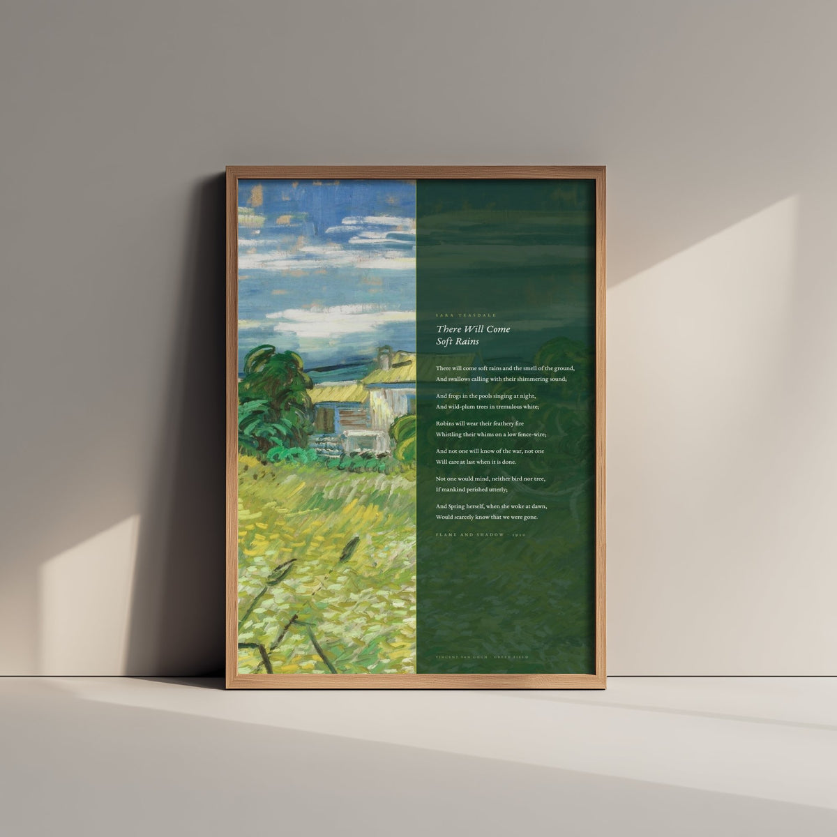 There Will Come Soft Rains by Sara Teasdale Art Print - Full Poem over Van Gogh Green Field Painting - Poetry Poster - Flame and Shadow