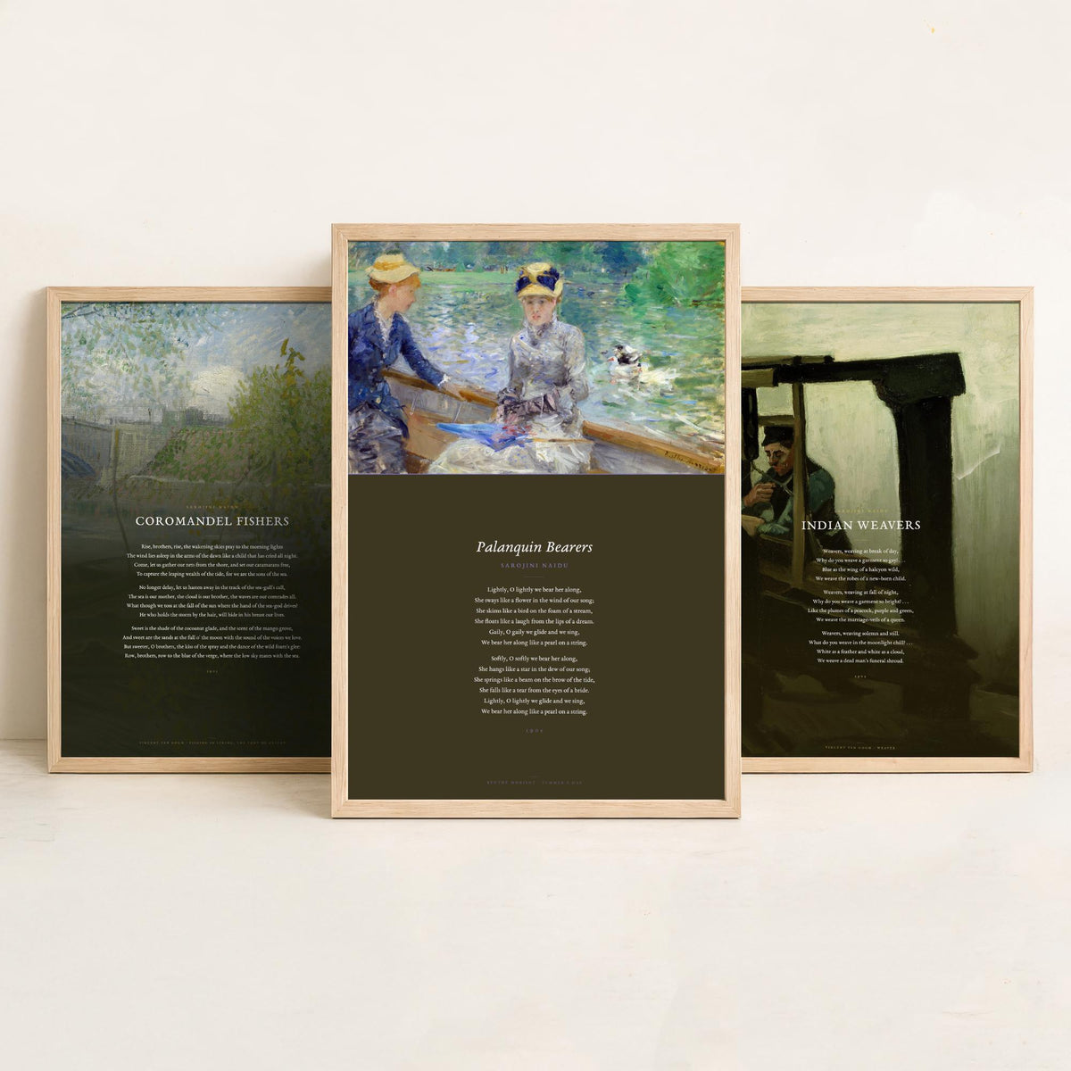 Sarojini Naidu Set of Three Art Prints - Coromandel Fishers, Indian Weavers, Palanquin Bearers - Full Poems over Paintings Poetry Poster