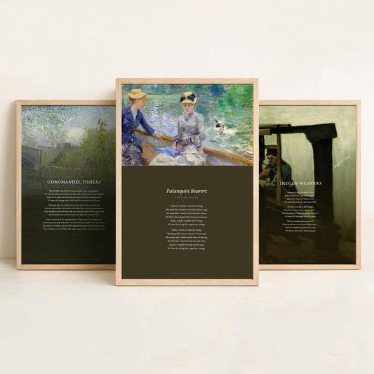 Sarojini Naidu Set of Three Art Prints - Coromandel Fishers, Indian Weavers, Palanquin Bearers - Full Poems over Paintings Poetry Poster