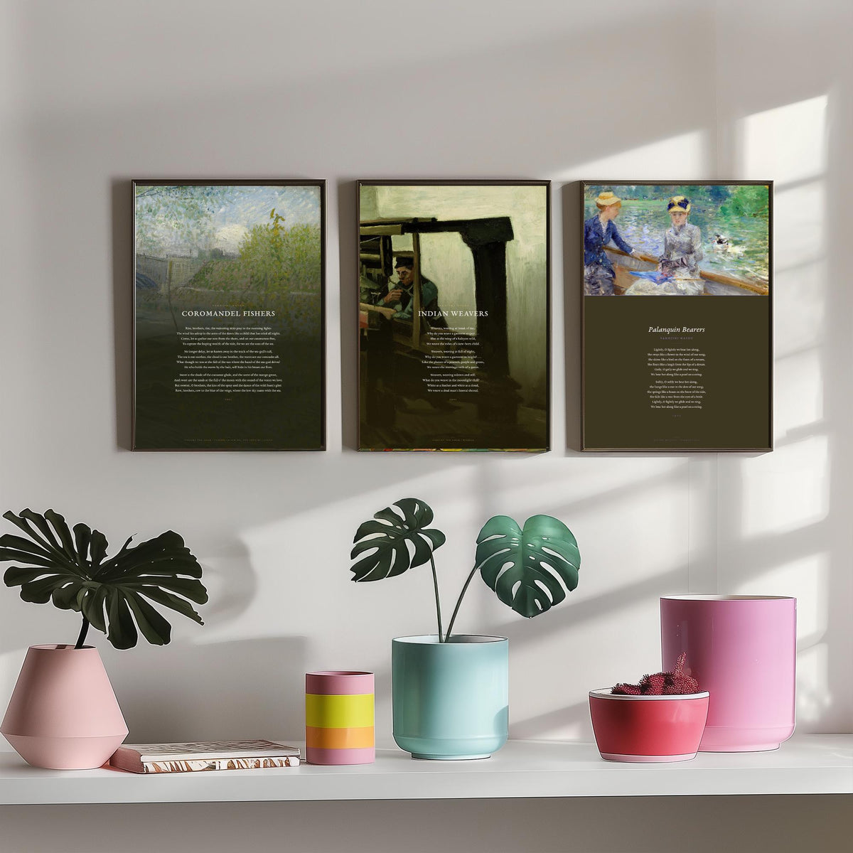 Sarojini Naidu Set of Three Art Prints - Coromandel Fishers, Indian Weavers, Palanquin Bearers - Full Poems over Paintings Poetry Poster