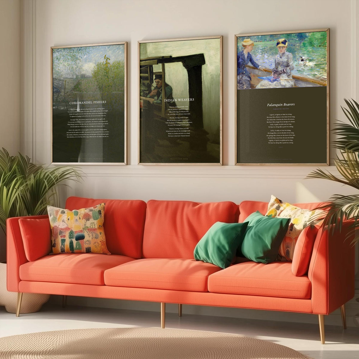 Sarojini Naidu Set of Three Art Prints - Coromandel Fishers, Indian Weavers, Palanquin Bearers - Full Poems over Paintings Poetry Poster