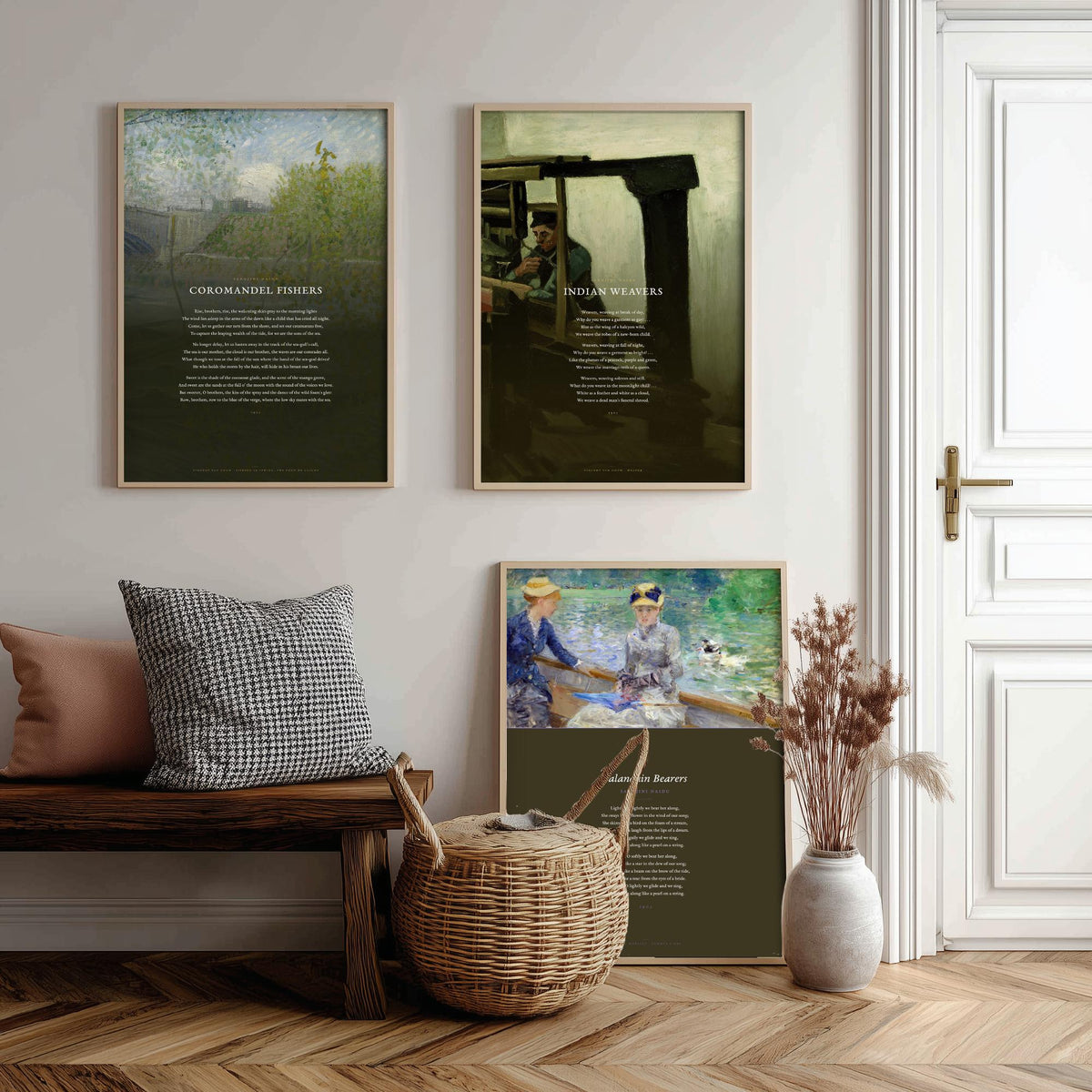 Sarojini Naidu Set of Three Art Prints - Coromandel Fishers, Indian Weavers, Palanquin Bearers - Full Poems over Paintings Poetry Poster