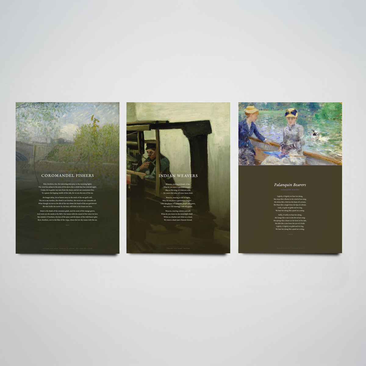 Sarojini Naidu Set of Three Art Prints - Coromandel Fishers, Indian Weavers, Palanquin Bearers - Full Poems over Paintings Poetry Poster