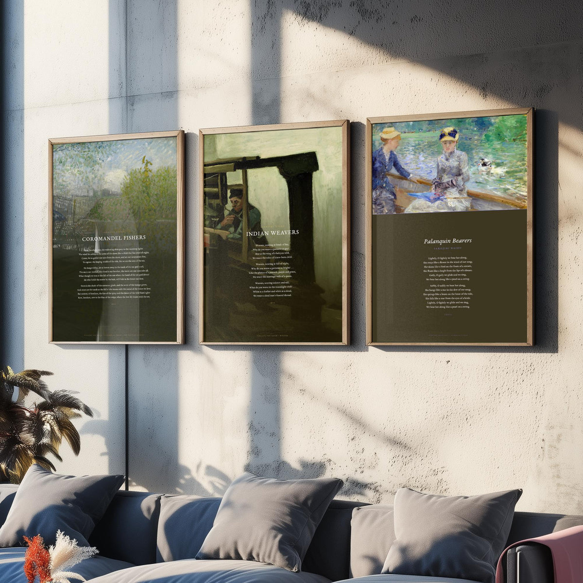 Sarojini Naidu Set of Three Art Prints - Coromandel Fishers, Indian Weavers, Palanquin Bearers - Full Poems over Paintings Poetry Poster