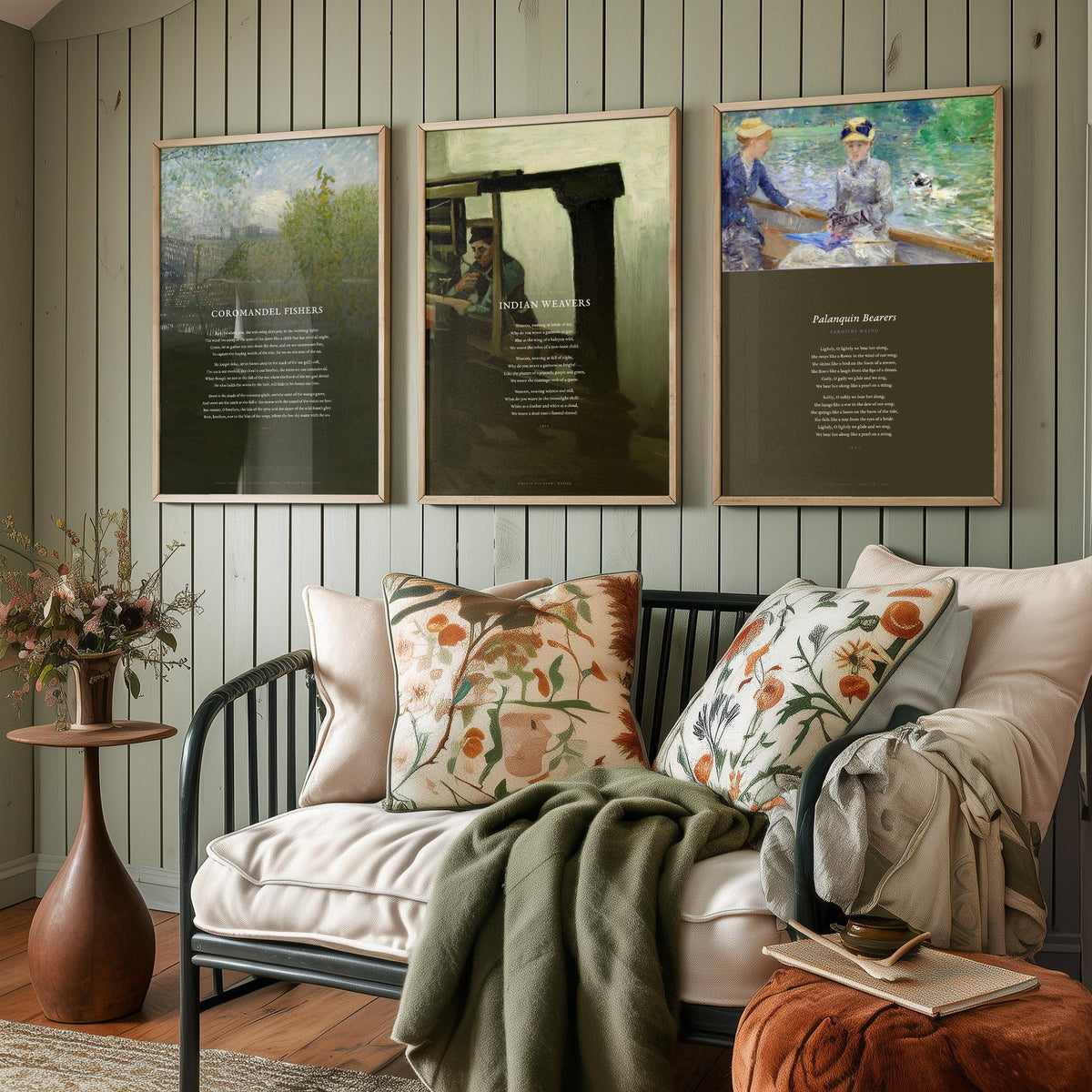 Sarojini Naidu Set of Three Art Prints - Coromandel Fishers, Indian Weavers, Palanquin Bearers - Full Poems over Paintings Poetry Poster
