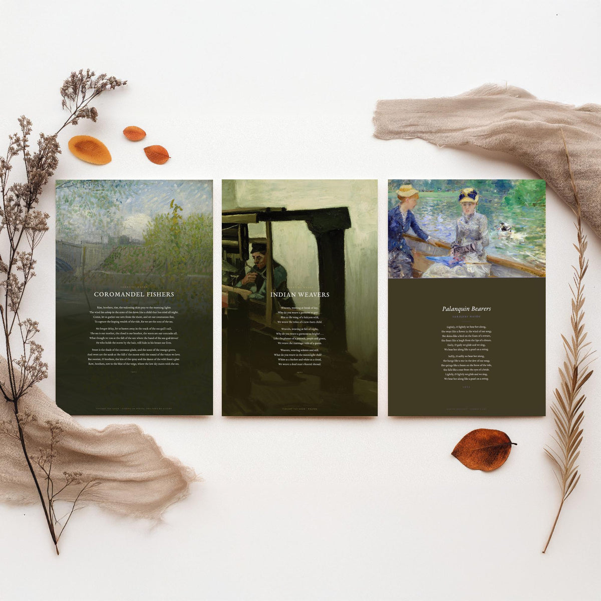 Sarojini Naidu Set of Three Art Prints - Coromandel Fishers, Indian Weavers, Palanquin Bearers - Full Poems over Paintings Poetry Poster