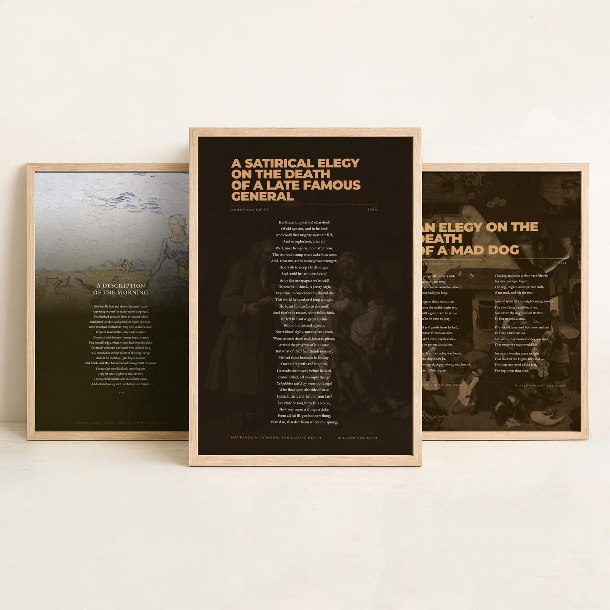 Satire Poems Set of Three Art Prints - A Description of the Morning, Elegy on a Mad Dog, Satirical Elegy - Full Poems over Paintings Poster