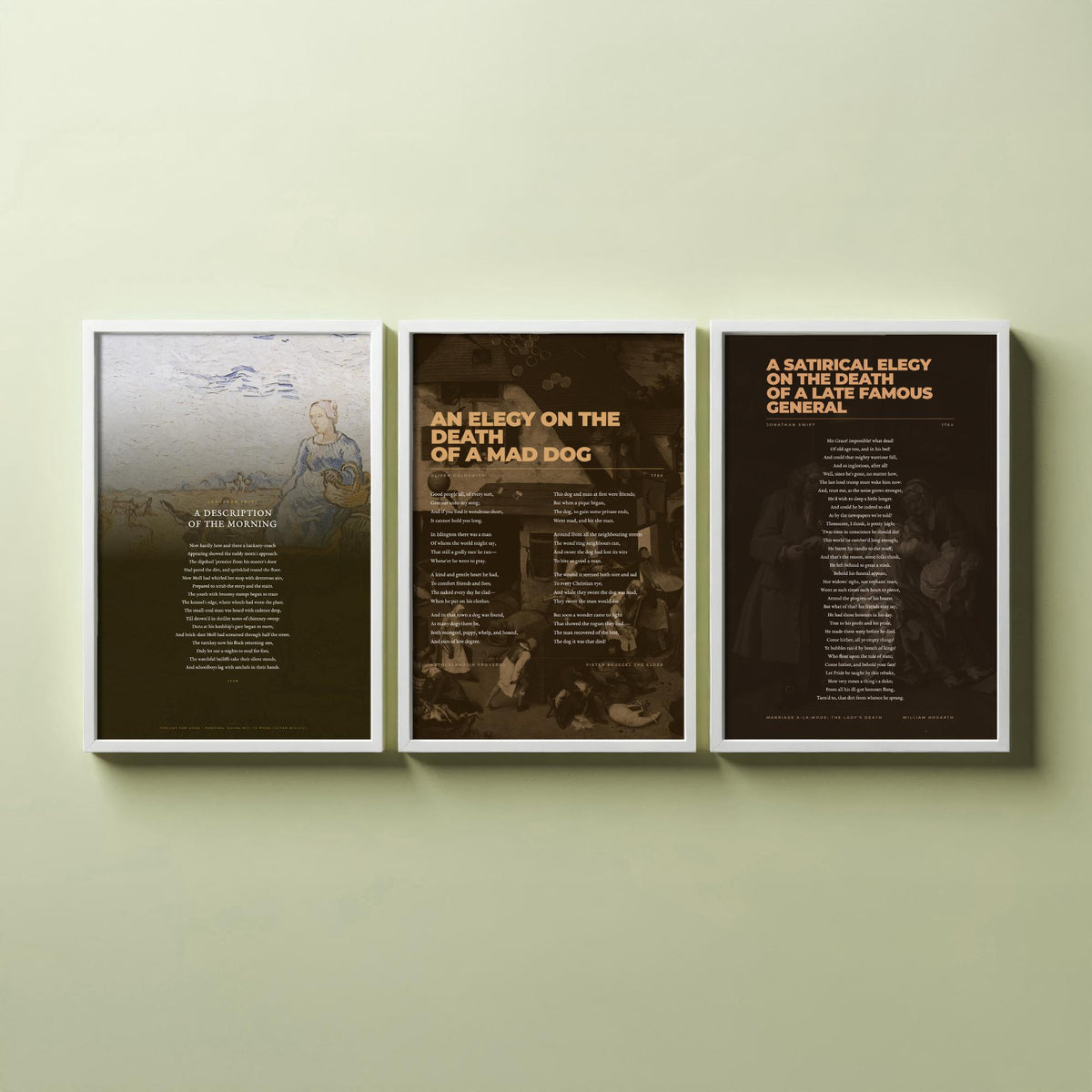 Satire Poems Set of Three Art Prints - A Description of the Morning, Elegy on a Mad Dog, Satirical Elegy - Full Poems over Paintings Poster