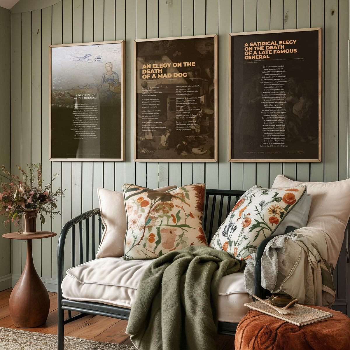 Satire Poems Set of Three Art Prints - A Description of the Morning, Elegy on a Mad Dog, Satirical Elegy - Full Poems over Paintings Poster