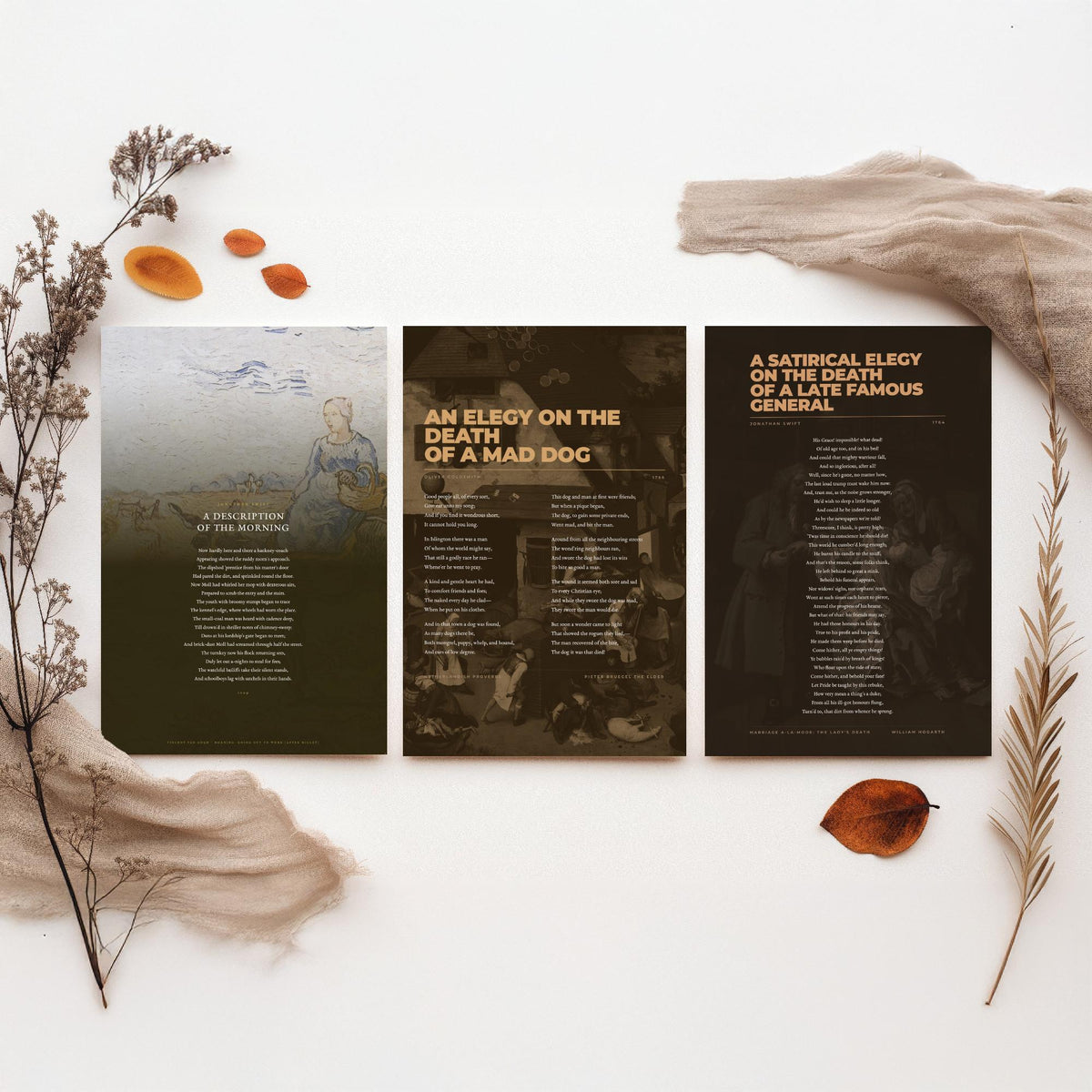 Satire Poems Set of Three Art Prints - A Description of the Morning, Elegy on a Mad Dog, Satirical Elegy - Full Poems over Paintings Poster
