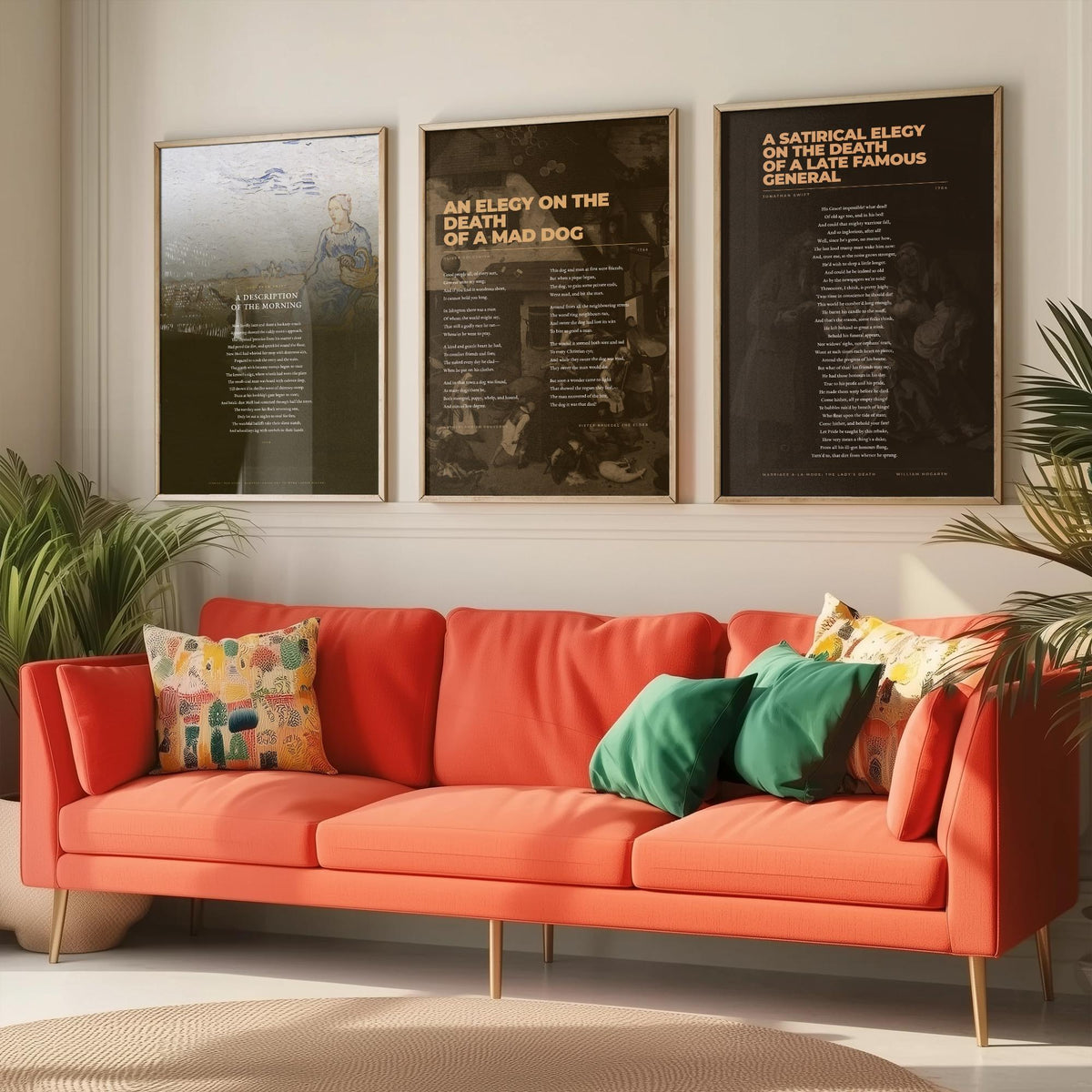 Satire Poems Set of Three Art Prints - A Description of the Morning, Elegy on a Mad Dog, Satirical Elegy - Full Poems over Paintings Poster