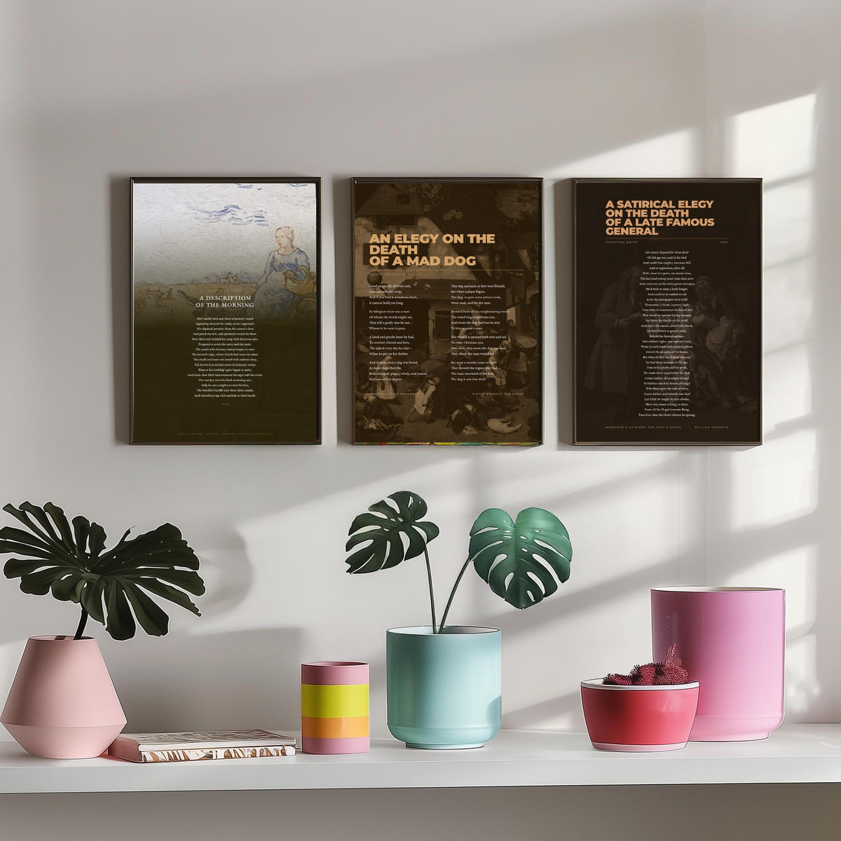 Satire Poems Set of Three Art Prints - A Description of the Morning, Elegy on a Mad Dog, Satirical Elegy - Full Poems over Paintings Poster