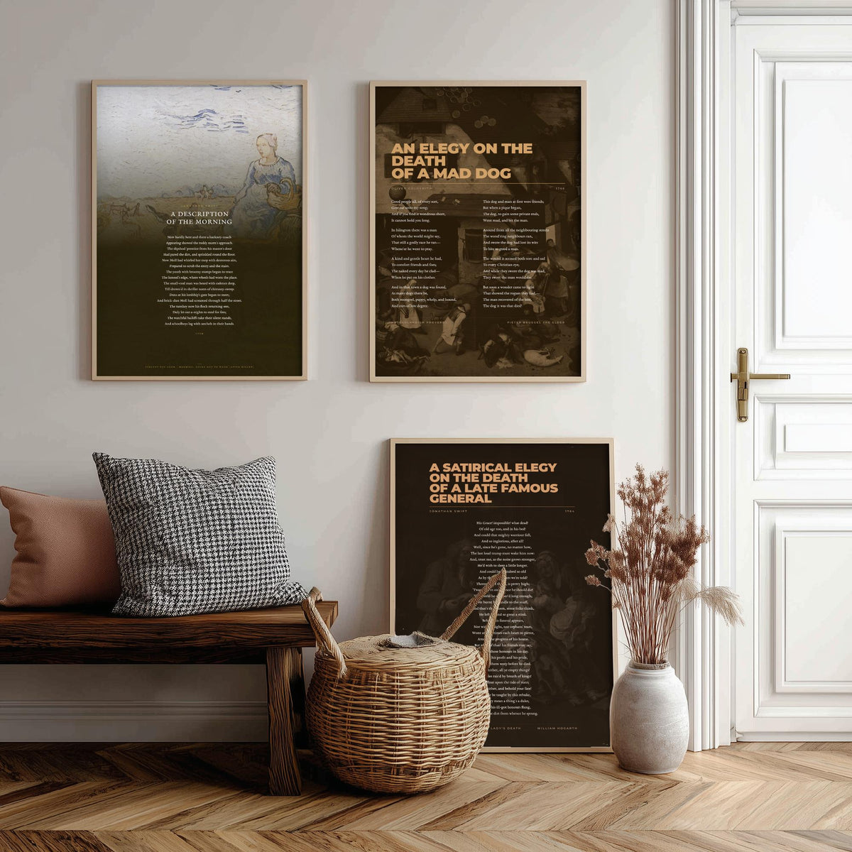 Satire Poems Set of Three Art Prints - A Description of the Morning, Elegy on a Mad Dog, Satirical Elegy - Full Poems over Paintings Poster