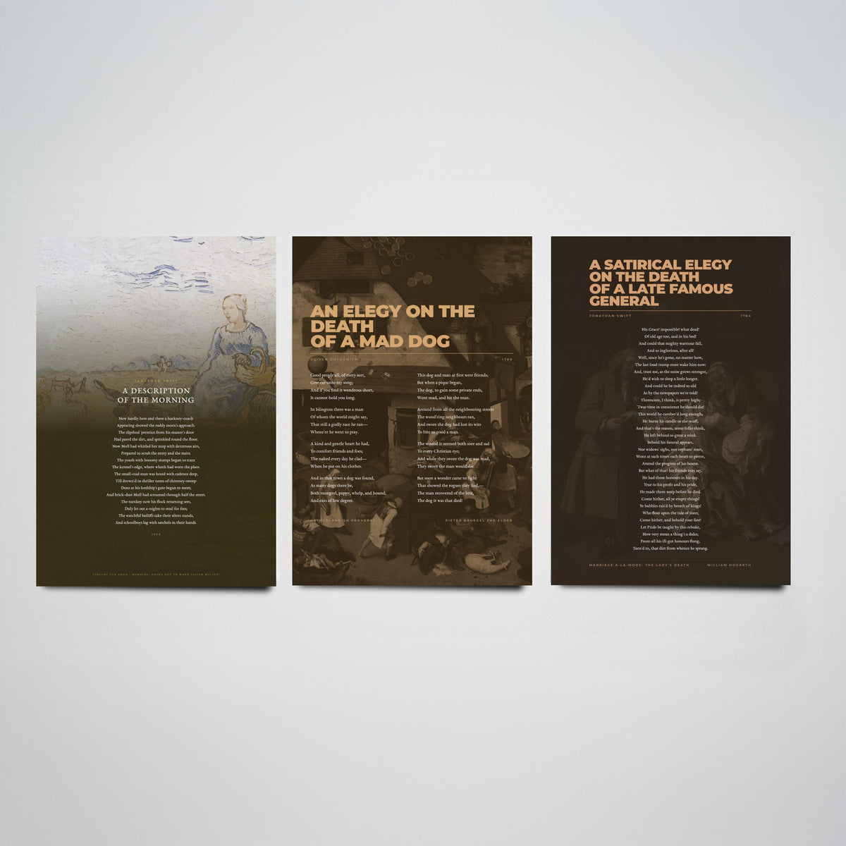 Satire Poems Set of Three Art Prints - A Description of the Morning, Elegy on a Mad Dog, Satirical Elegy - Full Poems over Paintings Poster