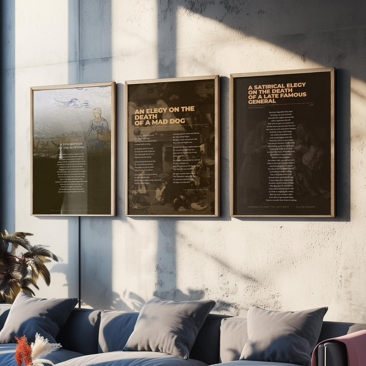 Satire Poems Set of Three Art Prints - A Description of the Morning, Elegy on a Mad Dog, Satirical Elegy - Full Poems over Paintings Poster