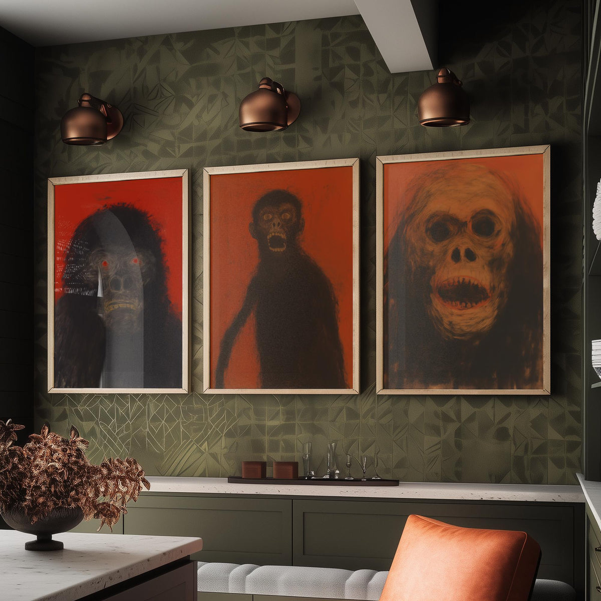 Scary Apes Sketch Set of Three Art Prints - Gorilla, Monkey, Orangutan - Dark Expressionist Poster Illustration