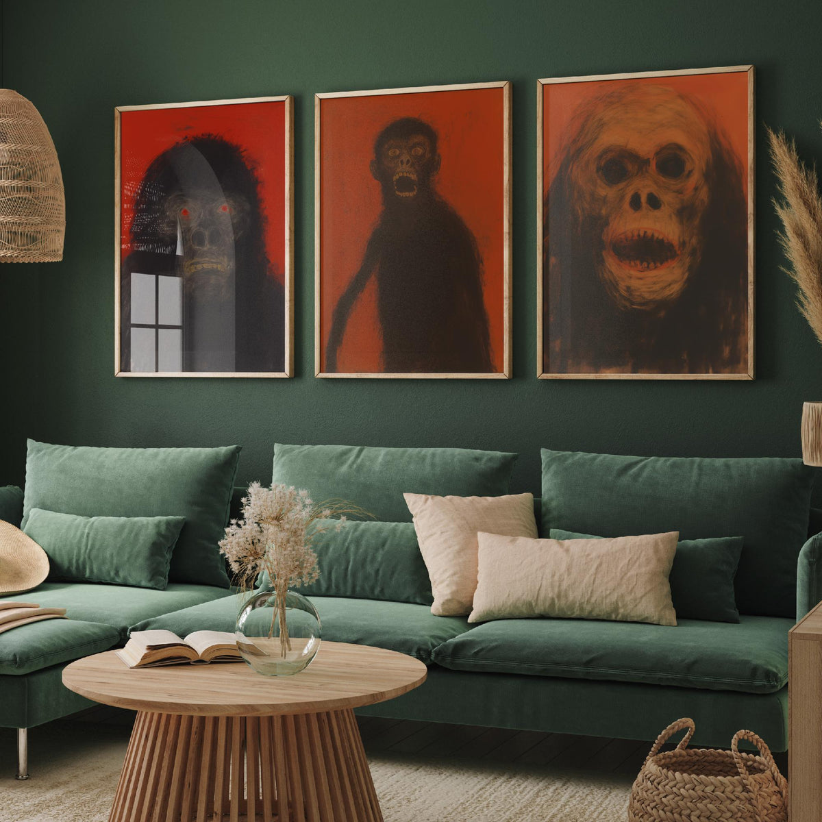 Scary Apes Sketch Set of Three Art Prints - Gorilla, Monkey, Orangutan - Dark Expressionist Poster Illustration