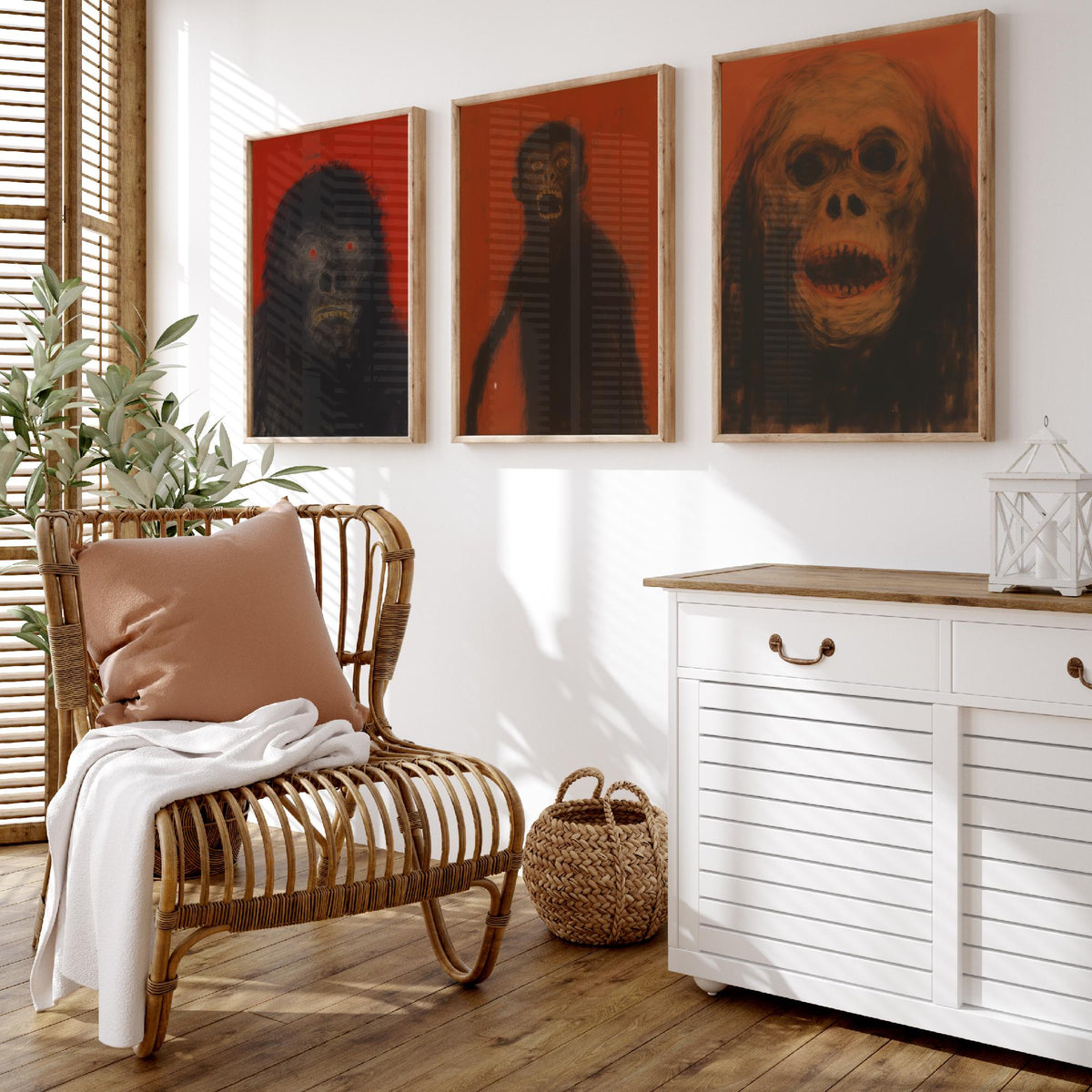 Scary Apes Sketch Set of Three Art Prints - Gorilla, Monkey, Orangutan - Dark Expressionist Poster Illustration