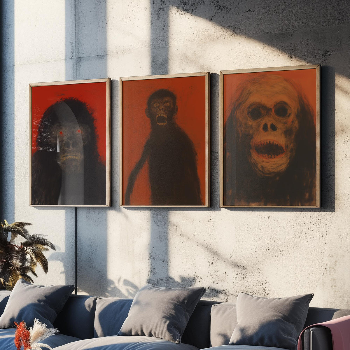 Scary Apes Sketch Set of Three Art Prints - Gorilla, Monkey, Orangutan - Dark Expressionist Poster Illustration