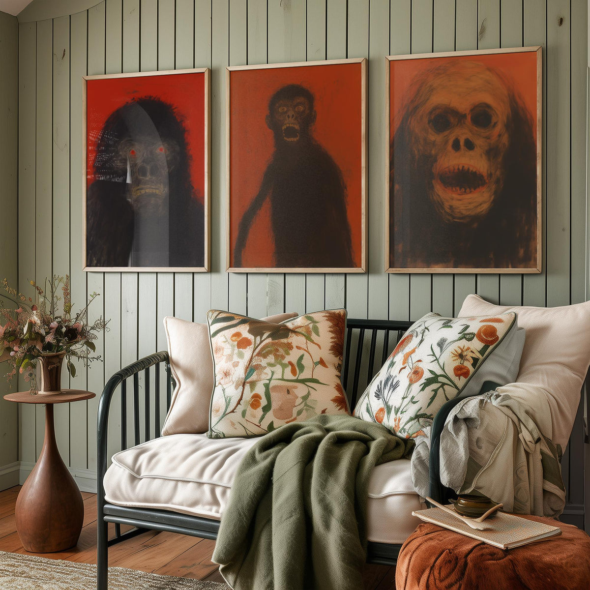 Scary Apes Sketch Set of Three Art Prints - Gorilla, Monkey, Orangutan - Dark Expressionist Poster Illustration