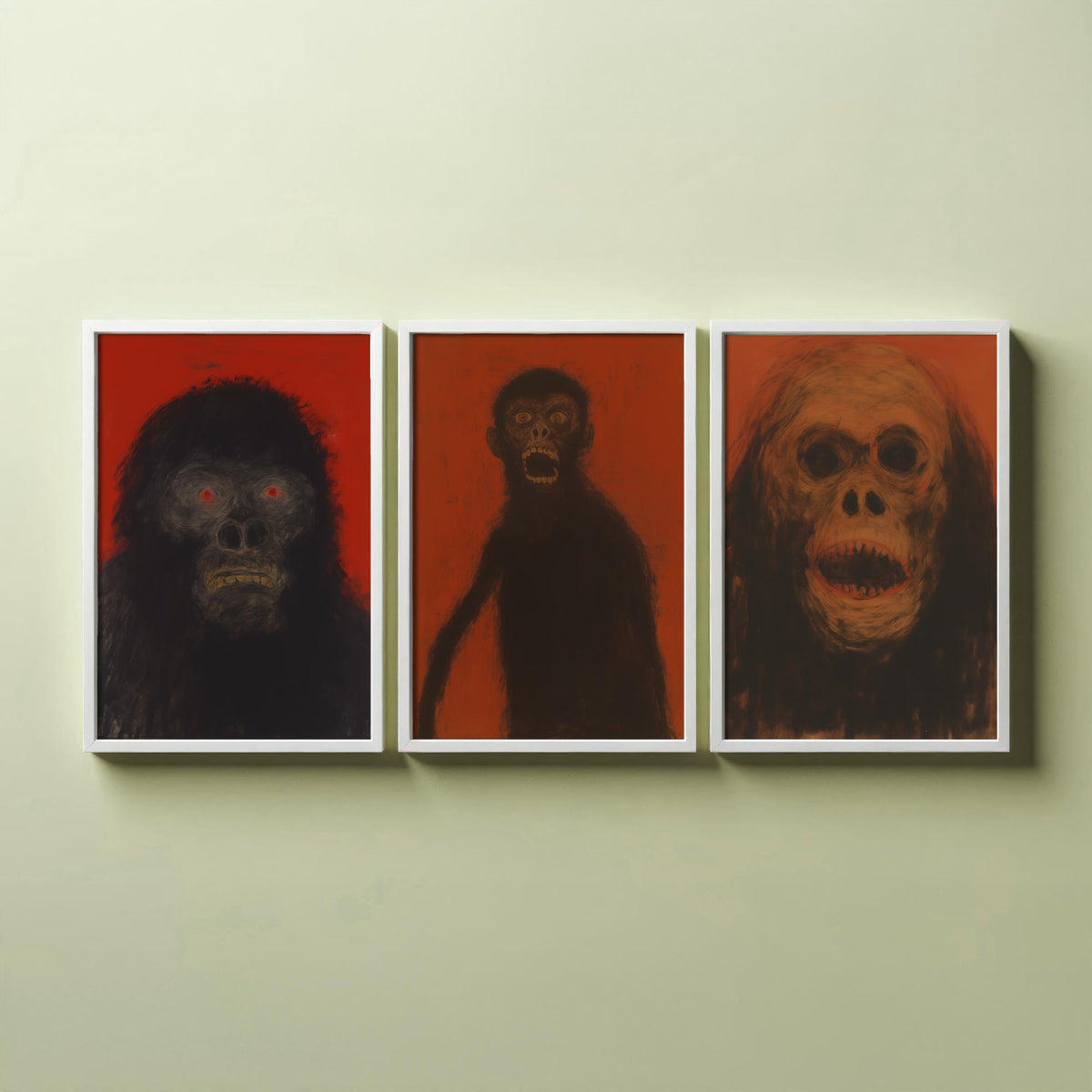Scary Apes Sketch Set of Three Art Prints - Gorilla, Monkey, Orangutan - Dark Expressionist Poster Illustration