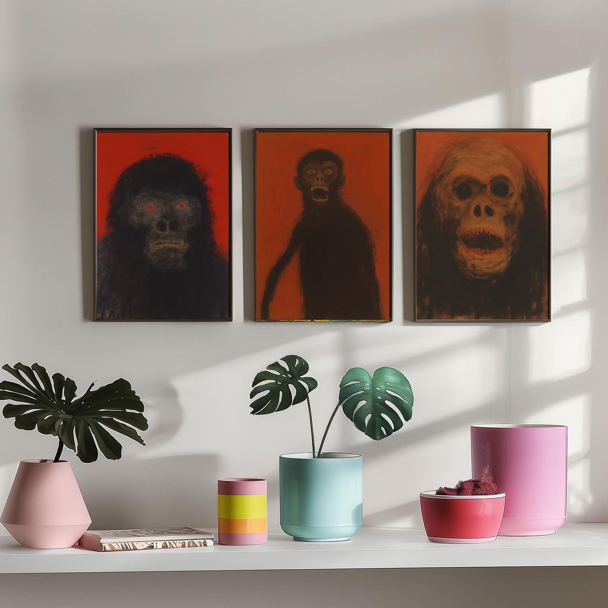Scary Apes Sketch Set of Three Art Prints - Gorilla, Monkey, Orangutan - Dark Expressionist Poster Illustration